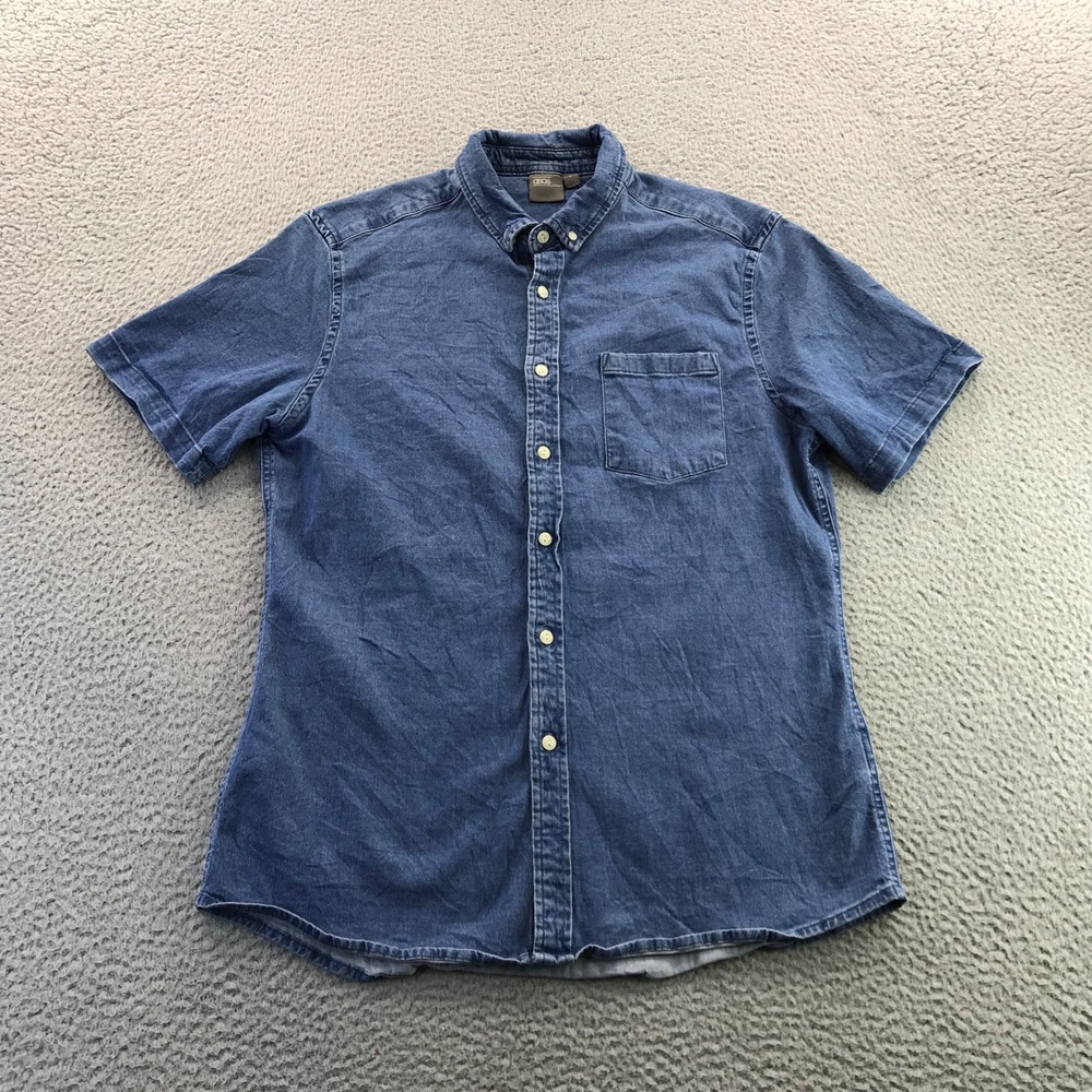 Asos Shirt Mens Large Blue Denim Short Sleeve Button Down Stretch Pocket Minimal